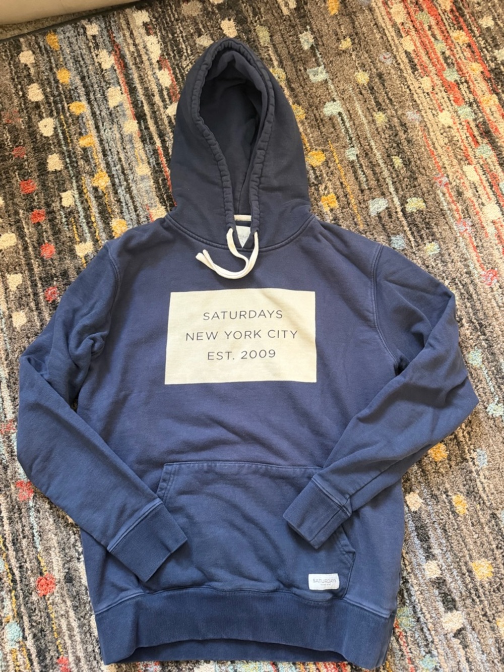 Saturdays New York City Navy Blue Hoodie with Cream Logo Box